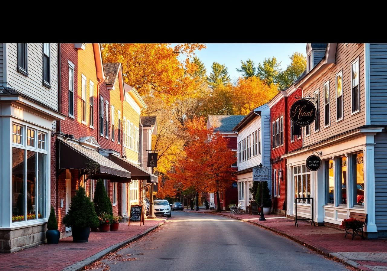 Classic Greater Portland main street with autumn foliage
